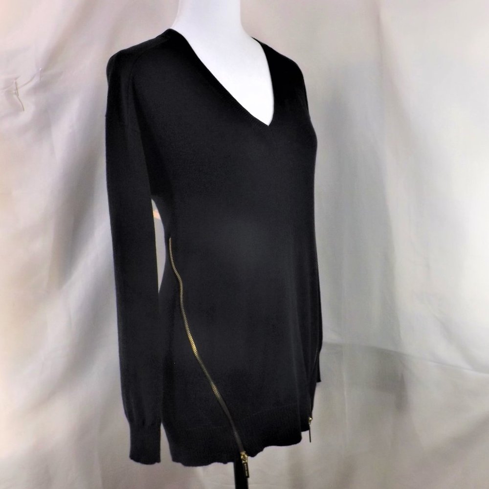 MICHAEL Michael Kors Brown Cotton w Angora Side Zippers V-Neck Sweater Top M - Picture 6 of 15